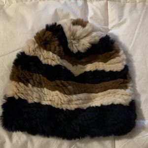 Striped  Fur Beanie - Black, Brown & Cream